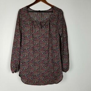 Living Doll Women's‎ Top Size M Navy Blue Floral Boho Keyhole Front Long Sleeve